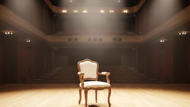 Empty gilded chair on stage under spotlights with waiting for performer.