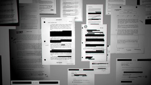 Light shining and exposing top secret official government looking censored files. Dark silhouettes of documents in blank space lit by spotlight. Leaked or declassified cospiracy or spy agency papers