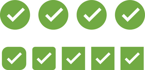 Set of green check mark icons in various circular and square shapes representing successful completion approval and correct verification.