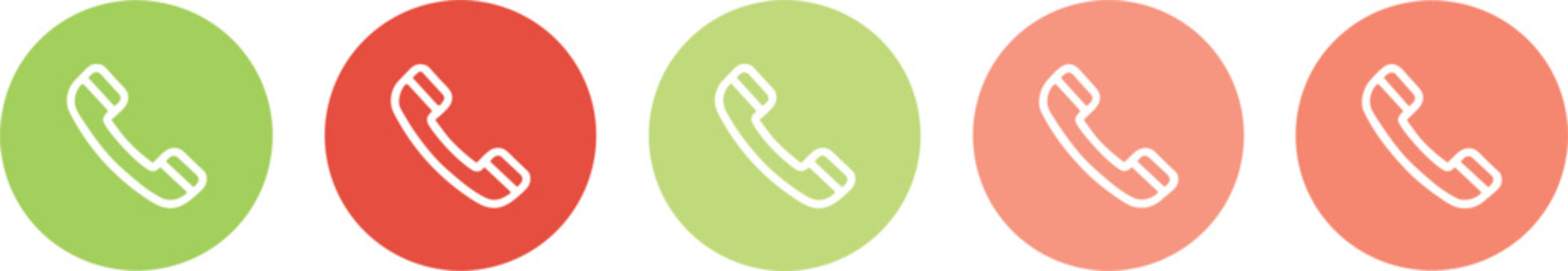 Set of linear telephone handset icons in green and red circles representing incoming and outgoing calls or answer and decline buttons.