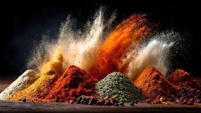 Various spices arranged in mounds with a dark background and powder explosion. Perfect for culinary blogs, food presentations, or spice company marketing.