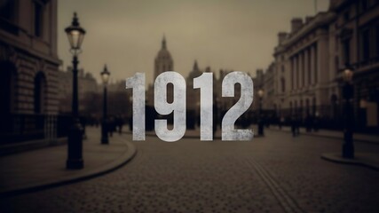 Vintage city street in 1912 with classic lampposts and historic buildings.