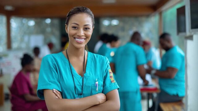 Compassionate Caregiver: A healthcare professional radiates warmth and expertise, embodying the essence of care as they confidently pose with arms crossed in a medical environment.
