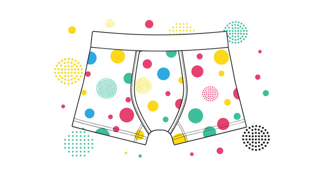 Flat illustration of men's boxer briefs underwear featuring a vibrant and playful pattern of colorful polka dots on a white background.
