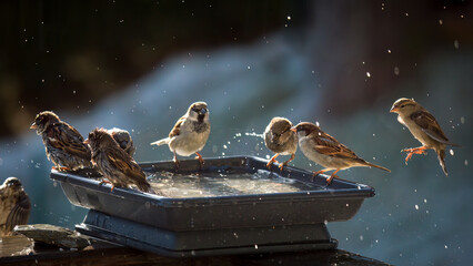 a group of sparrows bathing in a bird bath at a sunny winter day