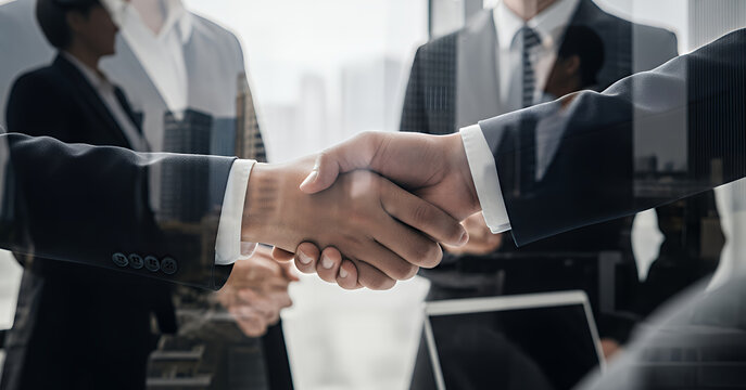 Close up view of two professionals shaking hands indoors, wearing business attire, with modern office environment and standing figures in background for commercial and corporate design needs.
