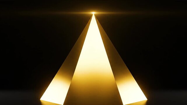 Glowing golden pyramid on a reflective surface against a black background