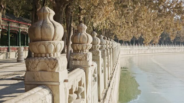 Winter Stillness by Kunming Lake, White Marble Stone Railings and Silent Ice