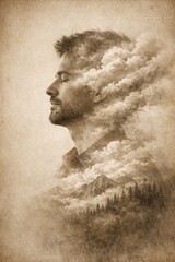 Creative imagination portrait with swirling clouds and forest