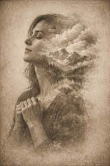 Calm after storm portrait with clouds clearing to mountains