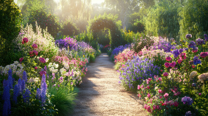 A sunlit garden path winds through vibrant blooms, offe a peaceful retreat and enchanting view of nature's beauty in a floral paradise landscape.