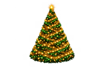 Christmas tree decorating with glowing golden lights and star on top, celebrating winter holidays, transparent background