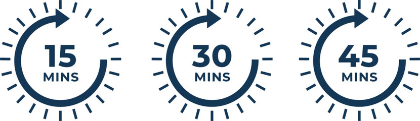 Set of three countdown timer icons showing 15 30 and 45 minutes with circular progress arrows for time management.