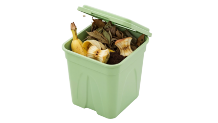 Plastic compost bin filled with organic waste on white background, copy space