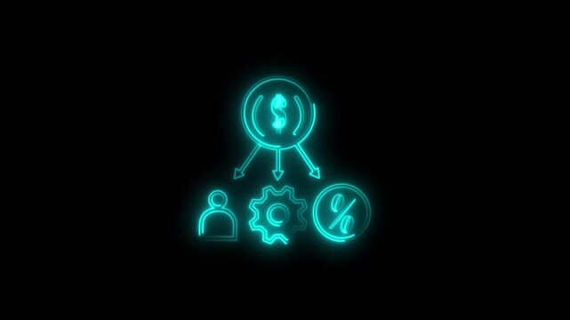 Glowing cyan neon finance icons animation on black background featuring dollar coin, gear, percentage and user symbol, fintech business growth, profit optimization, revenue management, startup strat
