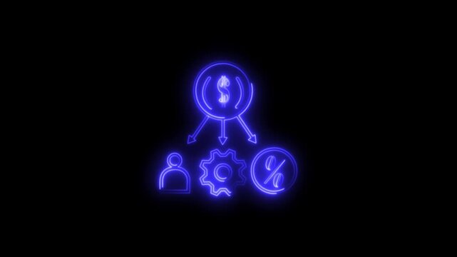 Glowing blue neon finance icons animation on black background featuring dollar coin, gear, percentage and user symbol, fintech business growth, profit optimization, revenue management, startup strat
