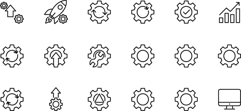 Set of linear gear icons featuring mechanical wheels rockets growth charts and progress symbols for industrial and business optimization.