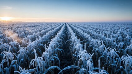 Obraz premium Frozen agricultural field at sunrise with frosty crops
