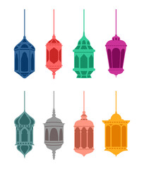 Fototapeta premium collection of colorful traditional arabic hanging lanterns in flat design style isolated