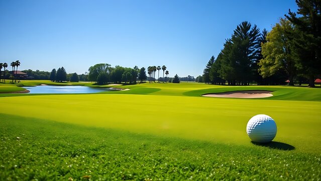 oligarchy. A golf course with manicured grass and water hazards under a sunny sky. event key visuals, club posters, designed for sports event promotions and stadium branding, drives event promotion.