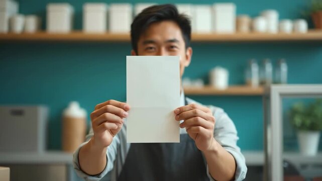 Smiling Asian man in a black apron holding a blank white card over his face in a modern cafe setting