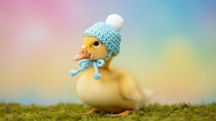 Adorable yellow duckling wearing blue knitted hat with white pom-pom on colorful background