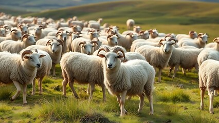 Fototapeta premium karakul. A flock of karakul sheep grazing peacefully on a sunlit grassland. wildlife magazines, conservation campaigns, designed for nature documentaries and education, used by web designers.