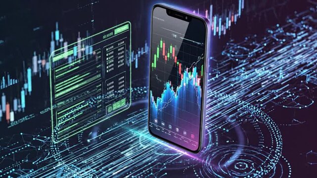 A smartphone displaying a stock market graph stands upright amidst a futuristic digital landscape with glowing blue circuit lines and data visualizations