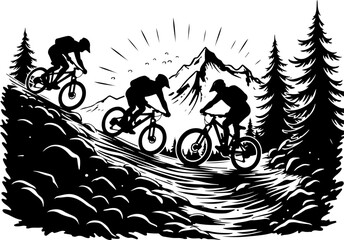 Naklejka premium Mountain Bike Adventure Silhouette in Forest Trail