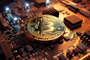 Bitcoin coin symbolizing digital currency and blockchain technology on an electronic motherboard