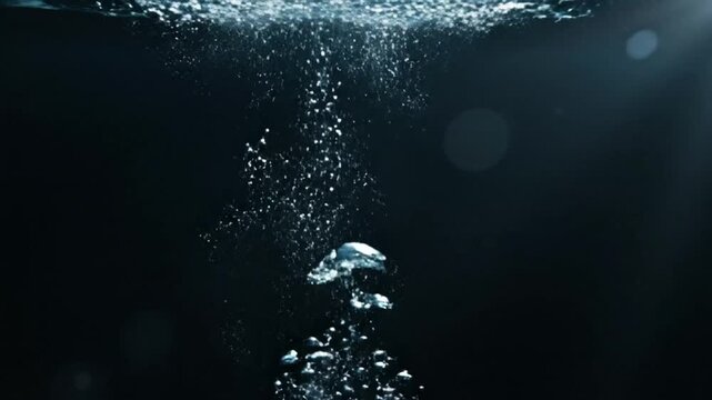 Slow motion underwater view of rising bubbles against a dark background, aquatic and serene scene