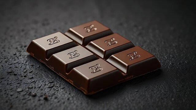 regularization. Dark chocolate bar on a textured surface, close-up view with rich brown tones. menu design, packaging mockups, designed for culinary blogs and recipe cards for restaurants.