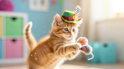 Adorable orange kitten wearing a green hat playing with a toy mouse