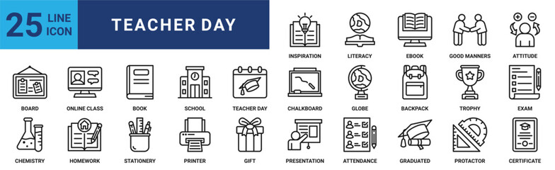 Teacher day icon set. Containing board, online class, book, school, chalkboard, globe, backpack and more. Outline vector icons collection