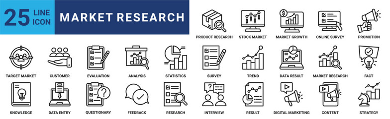Market research icon set. Containing target, customer, evaluation, analysis, statistics, survey, data result and more. Outline vector icons collection