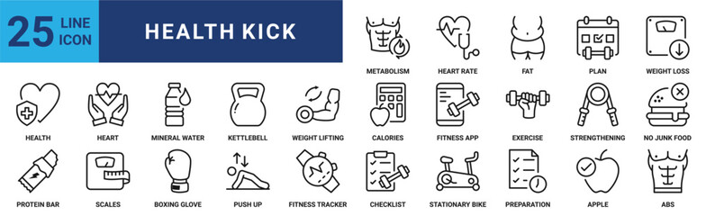 Health kick icon set. Containing heart, water, kettlebell, calories, lifting, strengthening, exercise and more. Outline vector icons collection