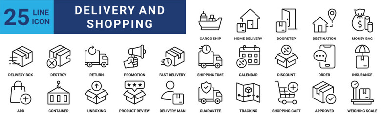 Delivery and Shopping icon set. Containing destroy, return, promotion, fast, shipping, calendar, discount and more. Outline vector icons collection
