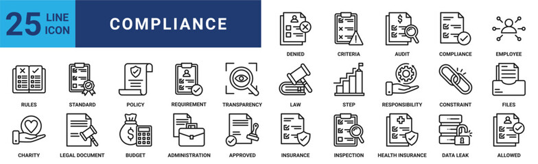 Compliance icon set. Containing rules, responsibility, policy, requirement, law, transparency, step and more. Outline vector icons collection