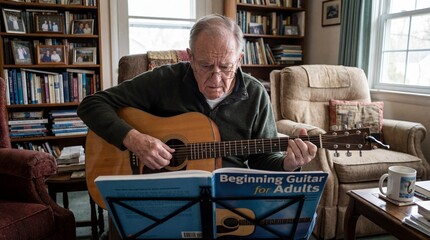 Senior man learning acoustic guitar at home. Elderly male practicing instrument. Retirement hobby lifestyle. Lifelong learning concept. Focused pensioner. Beginner music lesson.