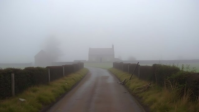 enthalpy. Misty country lane leading to a distant stone cottage. lifestyle magazines, social media lookbooks, designed for influencer and brand collaborations, used by SEO specialists.