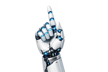 Futuristic robot hand with glowing blue lights pointing upwards, symbolizing progress, future, innovation, and digital interface commands
