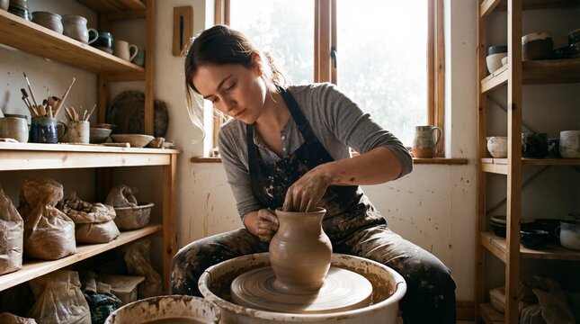 Young woman potter shaping wet clay on pottery wheel. Female artist creating handmade ceramic vase in studio workshop. Artisan in messy apron molding vessel. Craftsmanship concept. - Powered by Adobe
