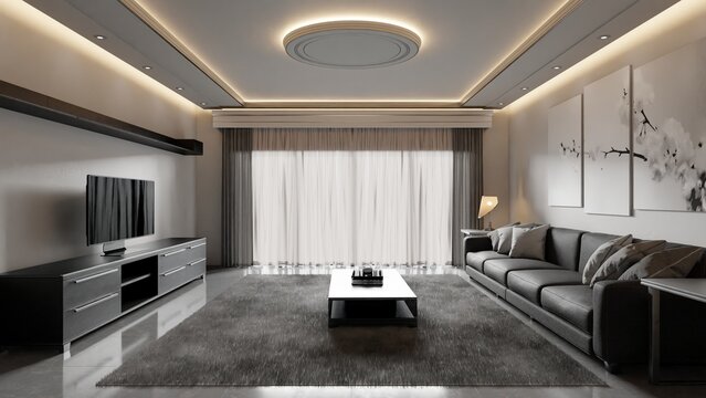 A modern living room features a long dark sofa, a tray ceiling with circular cove lighting, and a TV unit on a glossy floor, created using Blender software.