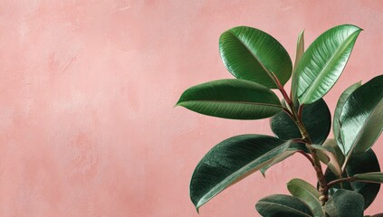 Close-up of lush green plant with large leaves against a rosy pink wall
