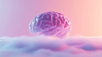 A floating translucent brain above a cloud soft surface, tranquil dreamlike atmosphere, symbolizing restorative sleep and mental health balance. Pastel colors iridescent background. Copy space