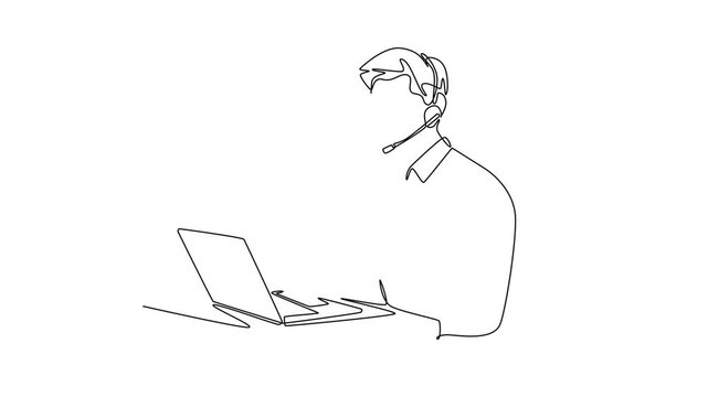 male in corporate dress code clothes and headphones with microphone. Marketing Call concept. Single line draw design. Full length animation illustration. High quality 4k footage
