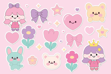 Obraz premium A set of cute stickers for girls. Flat-style illustrations, bright and cheerful, with a white outline, in sticker format.