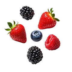 Floating Fresh Mixed Berries Isolated on Black Background, Generative AI