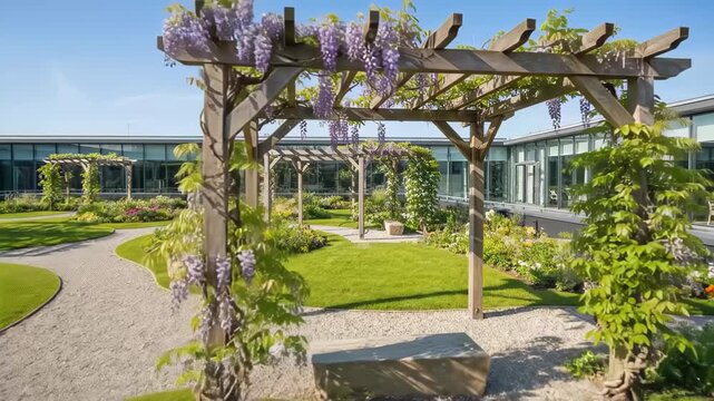 Wooden pergolas with blooming purple wisteria in a modern landscaped garden with gravel paths and a stone bench under a blue sky