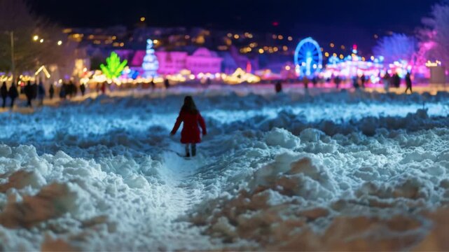 A Child in a Red Coat Joyfully Running Through a Winter Wonderland of Snow, Colorful Lights, and Holiday Decorations at Night Amidst a Magical Festive Atmosphere